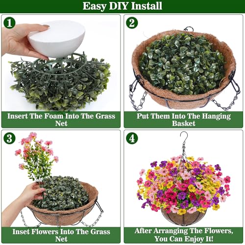 2 Sets Artificial Hanging Plants Flowers Basket Outdoor (Red Purple Yellow Rose Red - 2 Sets)
