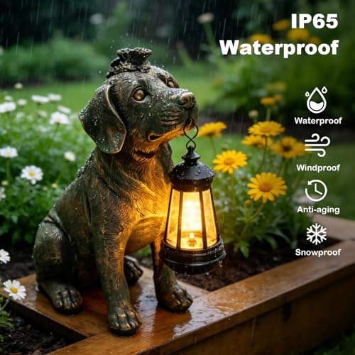 Garden Statue Dog Figurine Decor with Solar Lights 11in Outdoor Decoration (Bronze - Dog with Lantern)