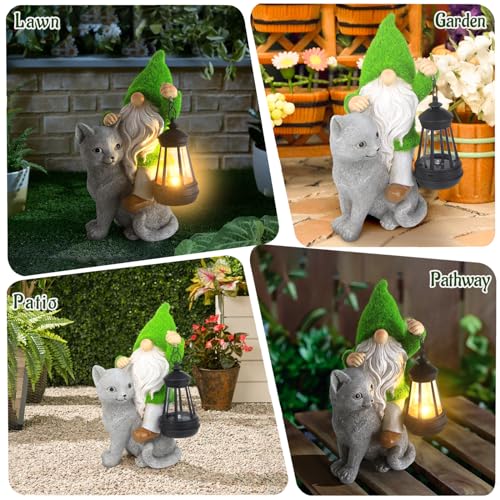 Garden Cat Gnome Decorations for Yard with Solar Lights
