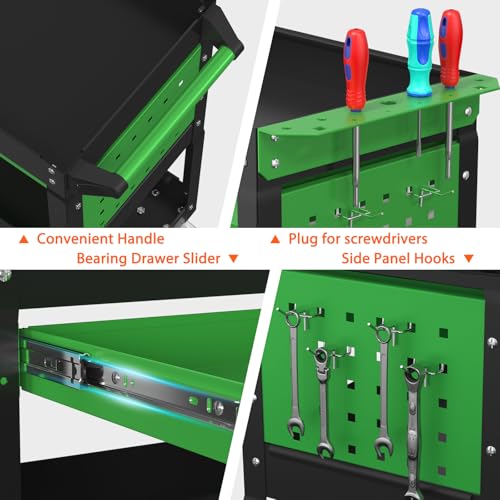 3 Tier Heavy Duty Rolling Tool Cart with Drawers (Black&green)