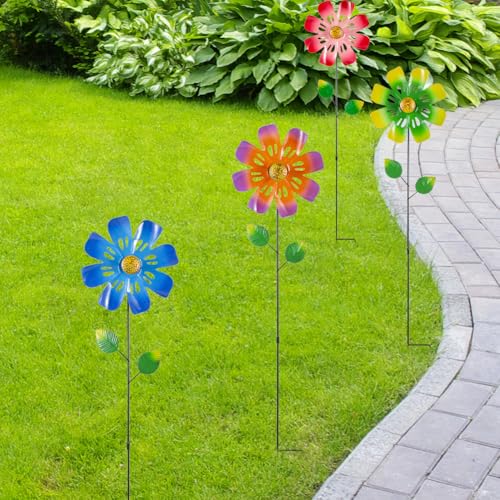 4 Packs Flowers Wind Spinners Outdoor (Flowers-bright)