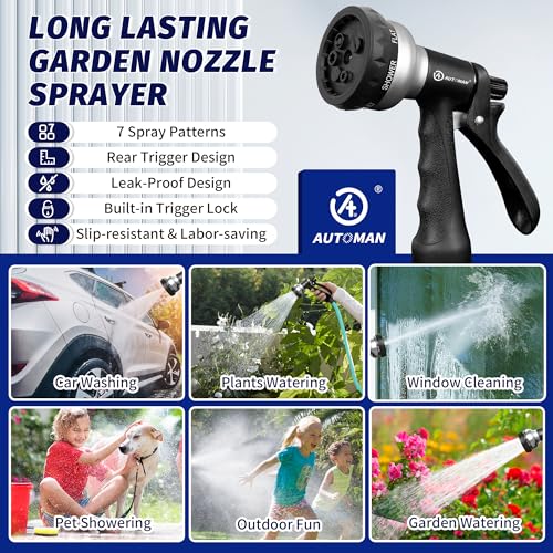 Garden-Hose-Nozzle, 2 Pack ABS Water Spray Nozzle, 7 Adjustable Watering Patterns, Slip Resistant for Watering Plants, Lawn& Garden, Washing Car, Showering Pets & Outdoor Fun.Silver Color (Silver)