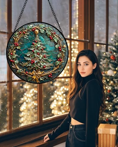 Christmas Teal Evergreen Stained Glass Window Hanging Suncatcher Gifts 6.3" (Cyan / 6.3x6.3 IN)
