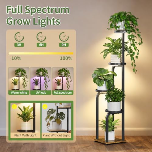 Plant Stand Tall for Indoor Corner with Grow Lights (Metallic Black with Light / 5 Tier)