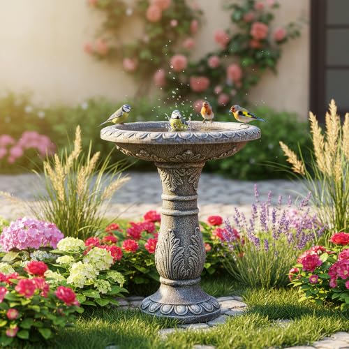 24.4" H Cement Bird Bath for Garden (Vintage Gray)