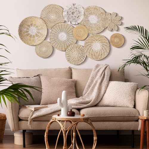 11 Pcs Boho Hanging Wall Basket Decor Handmade Woven Basket Wall Decorative Boho Wicker Baskets Placemats Round Farmhouse Bulrush Art for Rustic Home Decorations Christmas Gift (11 Count)