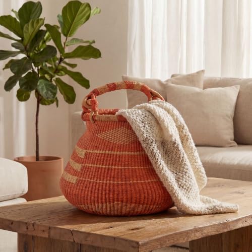Large Orange Bolga African Basket with Handle (Geometric Orange)