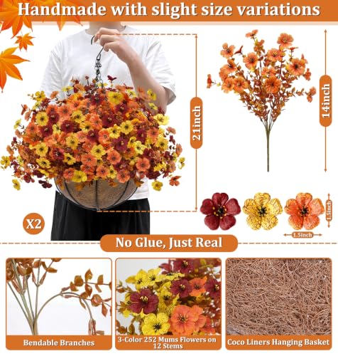 2 Sets Artificial Fall Mums Hanging Flowers Plants Baskets (Orange, Yellow, Red)