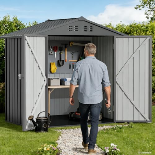6'x4' Shed Outdoor Storage Metal with Lockable Doors & Vents (Gray / 6'*4')