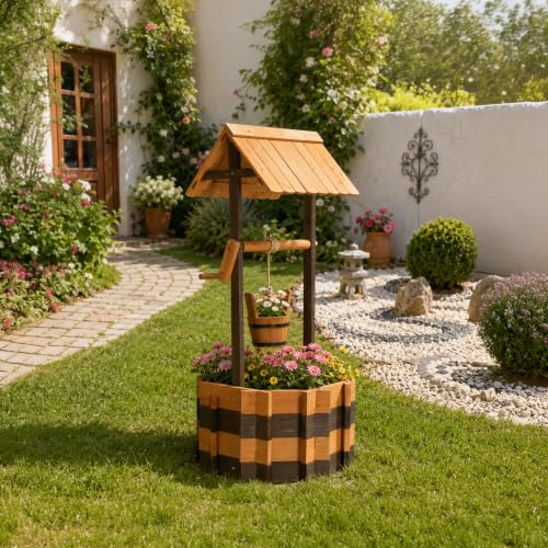 Wooden Wishing Well Outdoor Planters (Two-tone / 25" width)