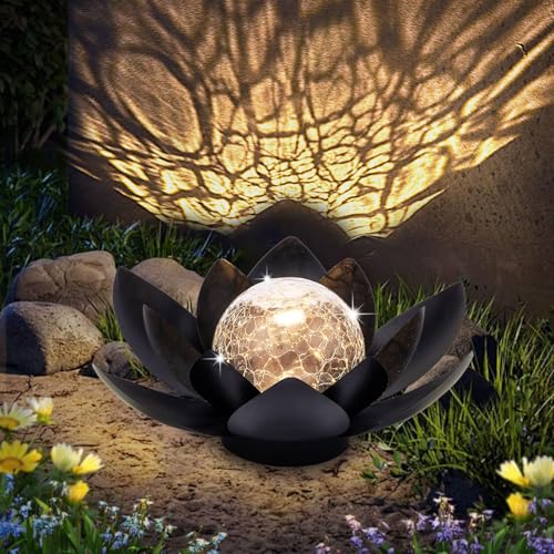 Solar Lights Outdoor Garden Decor Metal Black Lotus Decoration (All Black)