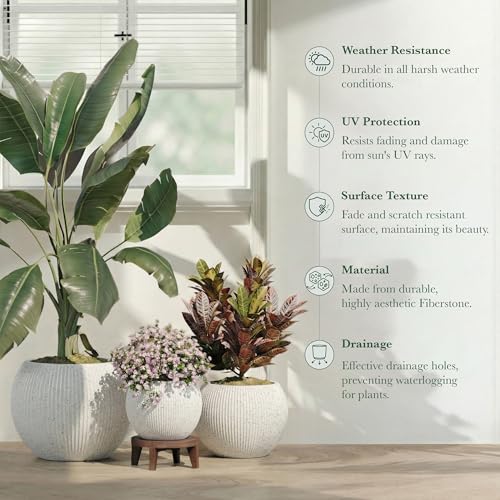 Premium Mt Sherman Fiberstone Sphere Planter for Indoor Outdoor Use (Ribbed White / Small 12.6''D x 10''H)