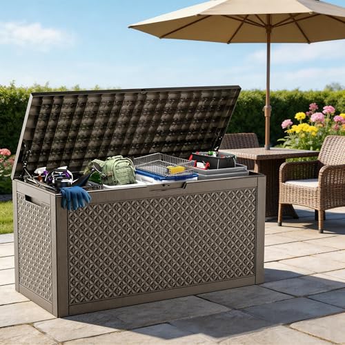 121Gal Outdoor Storage Box Waterproof Deck Box (Grey / 130 Gallon)