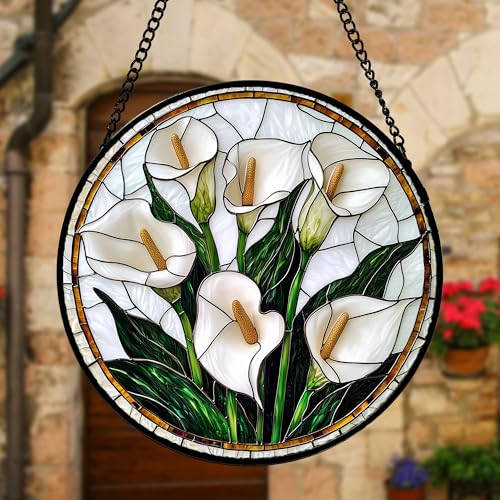 White Calla Lilies Stained Glass Window Hanging Suncatcher Gifts 9.8"
