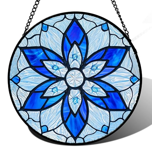 Stained Glass Window Hanging Poinsettia Suncatcher Gifts for Women 7.8" (Light Blue / 7.8x7.8 IN)