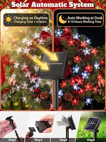 Solar Flower String Lights Outdoor Waterproof 50 LED Fairy Lights (Red&White / 1 Pack)