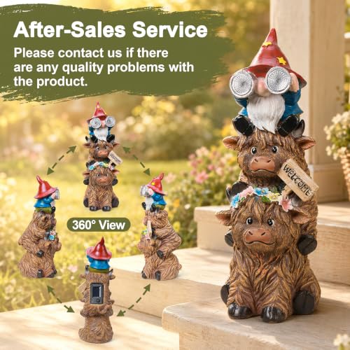 Solar Garden Gnome on Highland Cow Statue with Flower and Welcome Sign (Gnome Highland Cow)