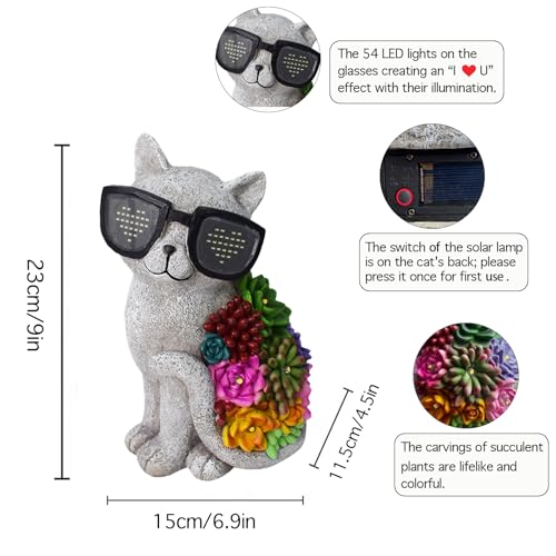 Solar Cat Garden Decor Statues with Succulent LED Lights and Sunglasses (French)