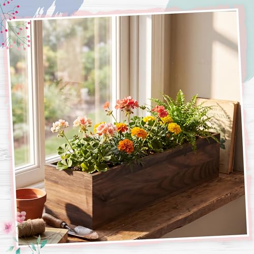 2 Set Wood Boxes for Centerpieces 16x4 Inch Rectangle Wooden Planter Box Rustic Wooden Planters with Removable Plastic Liner Floral Foam Blocks for Christmas Wedding Home Garden Decor (16 x 4 Inch / Brown)