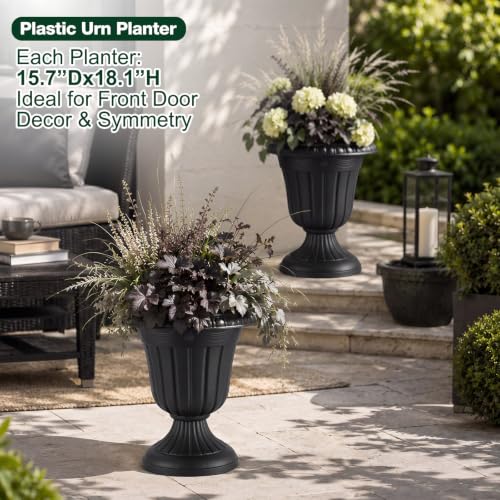 4 Pcs 16 x 18 Inches Black Plastic Urn Planter Classic Flower Pots Front Porch Planters Indoor Outdoor Planters with Pedestal for Wedding Party Bridal Shower Garden Patio Porch (16 x 18 Inches / Black)