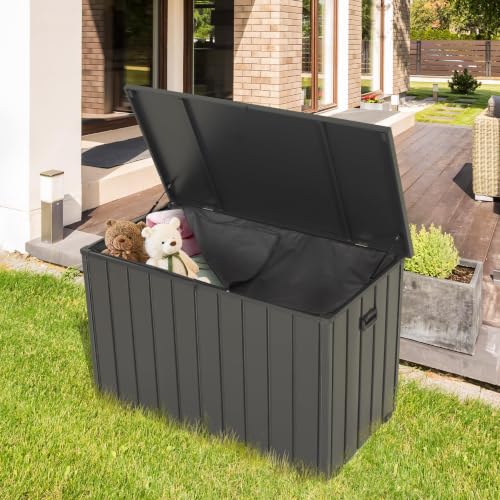Outdoor Metal Storage Deck Box Waterproof 100 Gal Patio Pool Deck Box (Dark Grey)