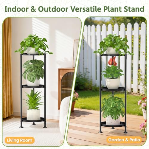 Plant Stand Indoor Tall Corner with Large Metal Tray (Standard Black / 3 Tier)
