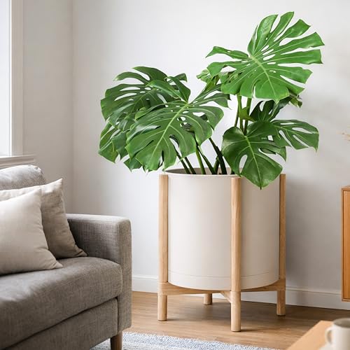 Plastic Pot with Natural Wood Stand (Oatmeal Pot + Natural Stand / 16 Inch)