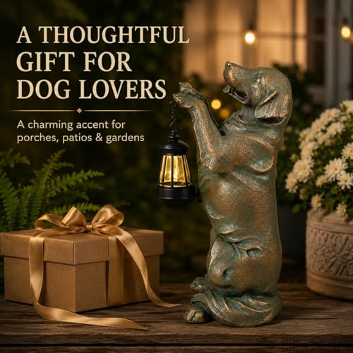 Solar Garden Statue Outdoor Decor 17.5 In Golden Retriever Dog with Lantern (Bronze 17.5in)