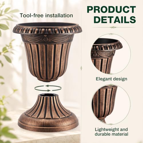 4 Pcs 13 x 15 Inches Brushed Copper Plastic Urn Planter Classic Flower Pots Front Porch Planters Indoor Outdoor Planters with Pedestal for Wedding Party Bridal Shower Garden Patio Porch (13 x 15 Inches / Brushed Copper)