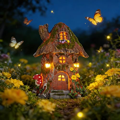 Solar Powered Mossy Tree House Sculpture with Doors (Mossy Treehouse)
