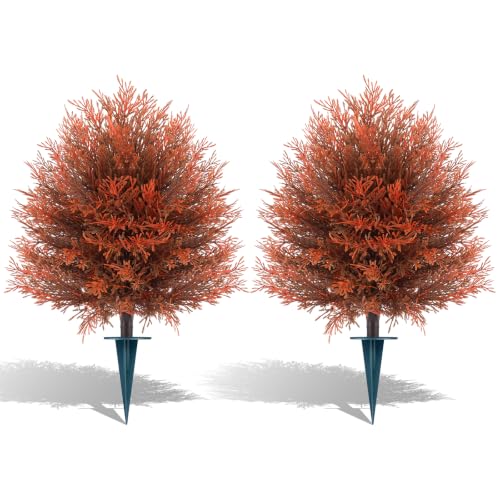 Fall 2 Pack 24 Inch Cedar Topiary Trees with Ground Spikes (Fall Cedar)
