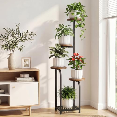 Tall 5 Tier Corner Plant Stand Indoor (Wood + Black / 5-Tier Square Base)