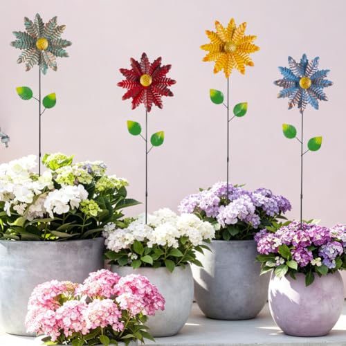 4 Packs Flowers Wind Spinners Outdoor (Flowers-vibrant)