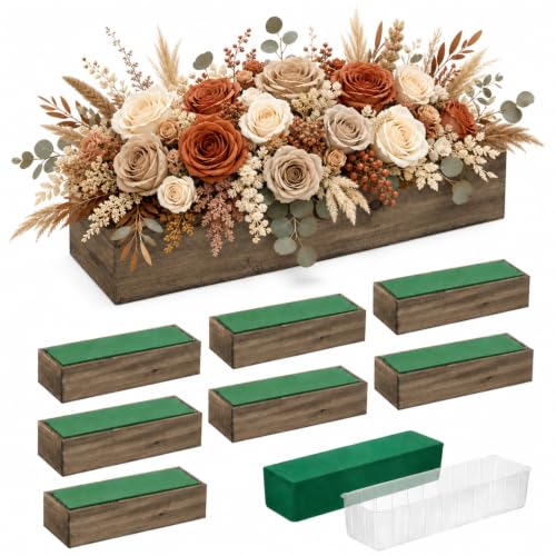8 Set Wood Boxes for Centerpieces 12x4 Inch Rectangle Wooden Planter Box Rustic Wooden Planters with Removable Plastic Liner Floral Foam Blocks for Christmas Wedding Home Garden Decor (12 X 4 Inch / Brown)