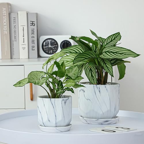 White Plant Pots Set of 2 Planters 4 and 5 Inch with Saucer Tray (Marble White)