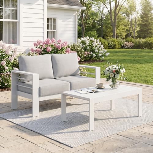 Aluminum Patio Furniture Set for All Weather (Light Grey / Loveseat+Wood Top Table)