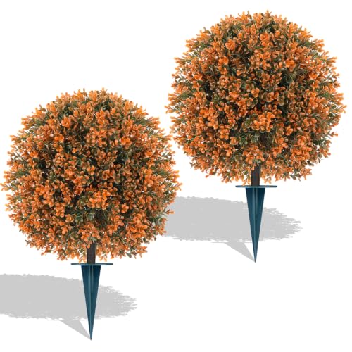 2 Pcs 24" Artificial Fall Boxwood Topiary Balls with Ground Spike (Fall Boxwood)