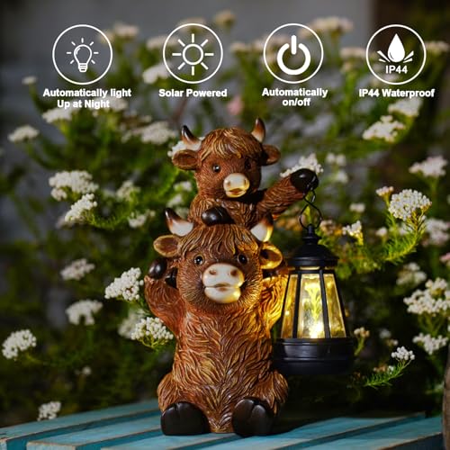 Highland Cow with Solar Lantern Garden Statue (Brown Highland Cow)