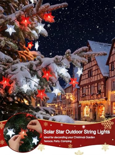 Twinkle Solar Star String Lights Red White Outdoor 39FT (Red-White)