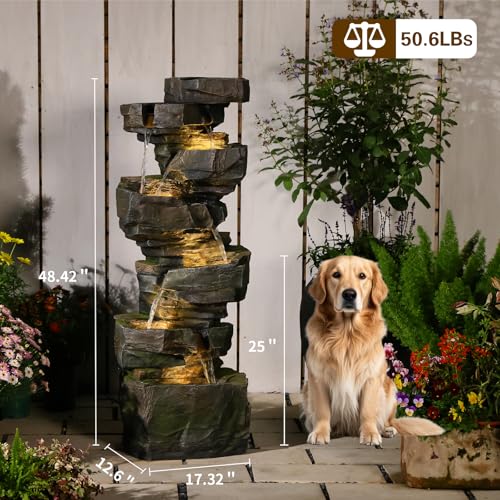48H Large Rock Cascading Outdoor Water Fountain with 6 Tiers (48H / Gray-rock)