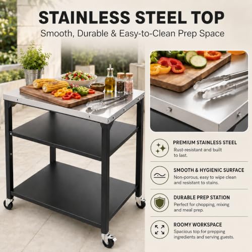 3 Shelf Pizza Oven Table with Lockable Wheels (35.6 upgrade)