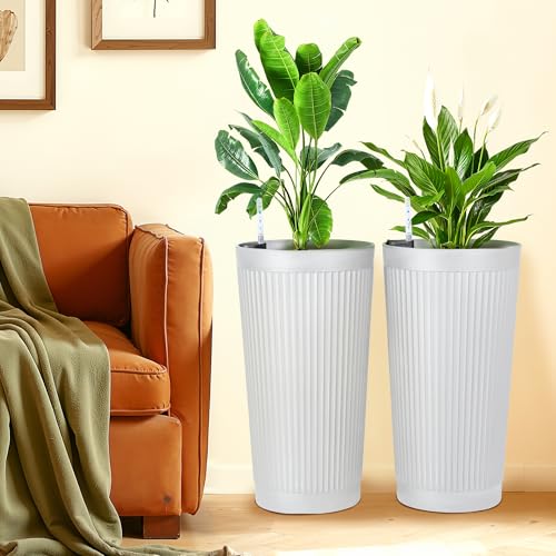 Self Watering Tall Planters Set of 2 (White-round Ribbed)