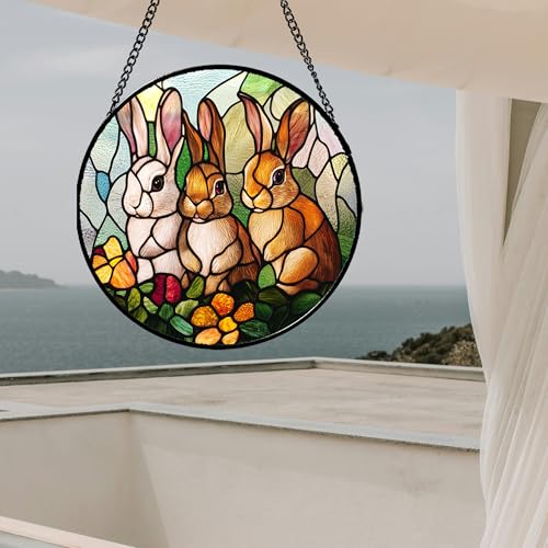 Bunny Rabbit Flowers Stained Glass Window Hanging Suncatcher Gifts 7.8" (Yellow-brown / 7.8x7.8 IN)