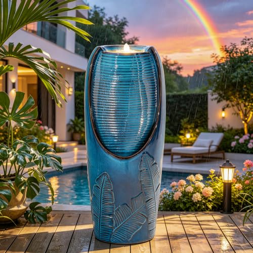 Autodaya 33" H Ceramic Jar Outdoor Water Fountain (32"h-leaf Pattern Teal Blue Glaze)