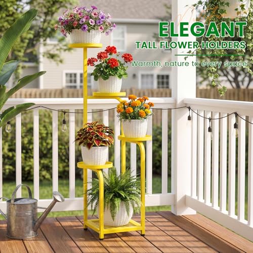 Tall 5 Tier Square Plant Stand Indoor Outdoor (Yellow / 5-Tier Square Base)
