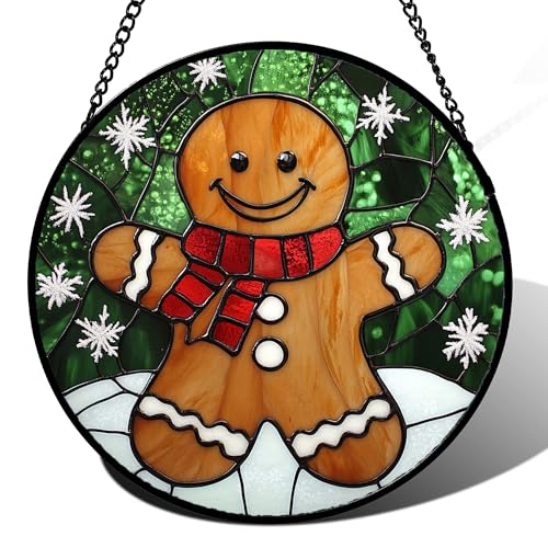 Smiling Gingerbread Man Stained Glass Window Hanging Suncatcher Gifts 15" (Brown / 15x15 IN)