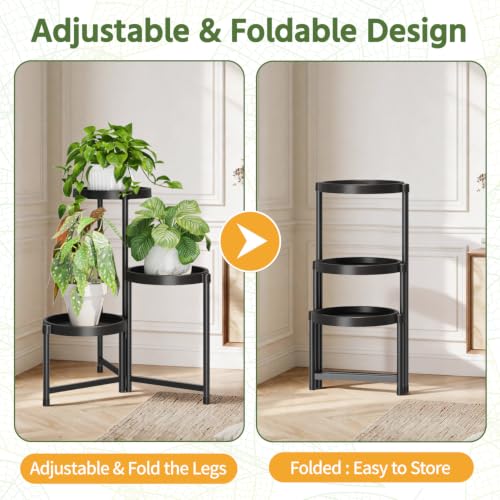Plant Stand Indoor Outdoor with Large 10 Inch Plastic Tray (Black with Large Tray / 3 Tier)