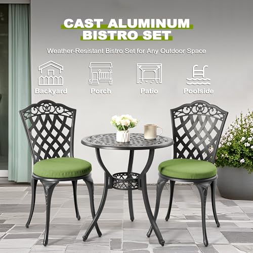 3 Piece Cast Aluminum Patio Bistro Set (Green Cushion / Pattern B)