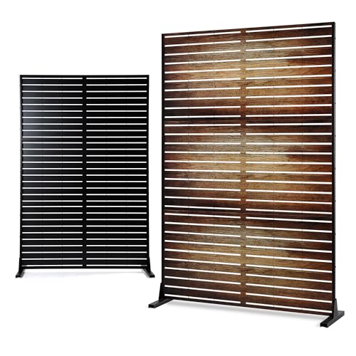 Metal Freestanding Privacy Screen Panels Outdoor (71"H×47"W / Retro Wood Grain)