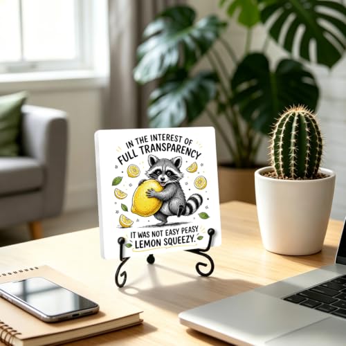 Funny Raccoon Wooden Plaque for Home Office Book Shelf Table Decor 01 (Multicolor 1742 / Wooden sign with iron frame（6.3 x 6.3 inches）)